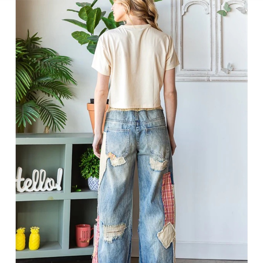 Oli & Hali Patchwork Distressed Wide Leg Jeans in Light Blue and Cream